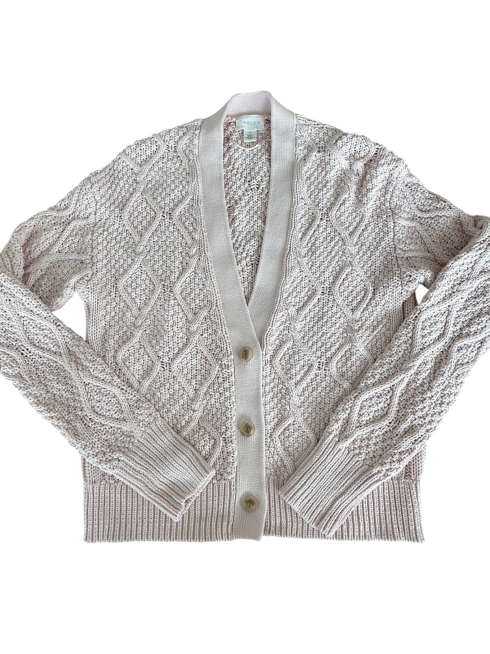 Caslon Cable Knit Cardigan Sweater Pale Pink Pima Cotton Button Small